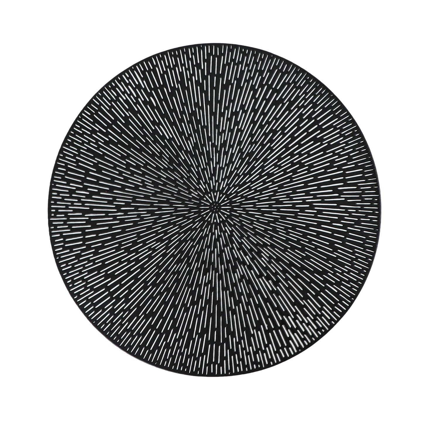 Snowkingdom Round Black Placemats Set of 6, Black Vinyl Washable Easy Clean 15 Inch Place Mats, Non-Slip Heat-Resistant Kitchen Dining Table Mats Hollow Round Placemat for Party Wedding Halloween