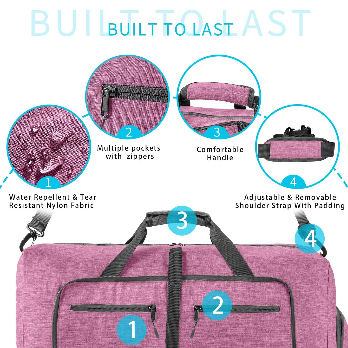 Travel Duffle Bag for Men, 85L Foldable Travel Duffel Bag with Shoes Compartment Overnight Bag for Men Women Waterproof & Tear Resistant (Light Purple)