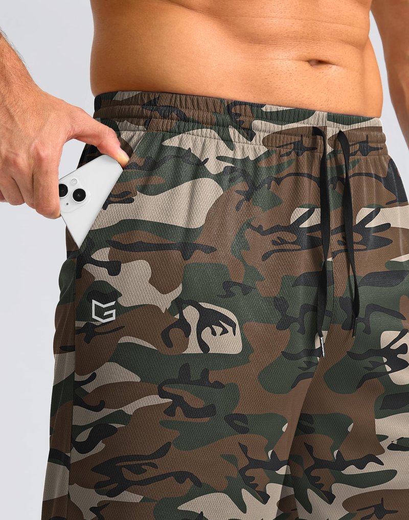 G Gradual Men's Athletic Shorts with Pockets 9" / 11" Long Basketball Shorts Lightweight Quick Dry Gym Workout Shorts for Men(Green Camo,XXXL)