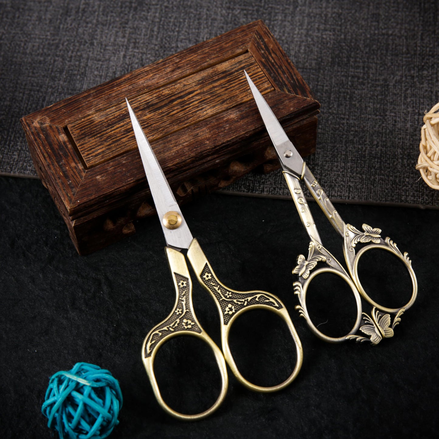 Artistic Vintage Craft Scissors Small 4.6 Inch Sharp Sewing & Embroidery Tool - Engraved Bronze Butterfly Handle, Silver Blade, Pink Polka Dot Case for Crochet, Fabric, Paper, DIY Crafts