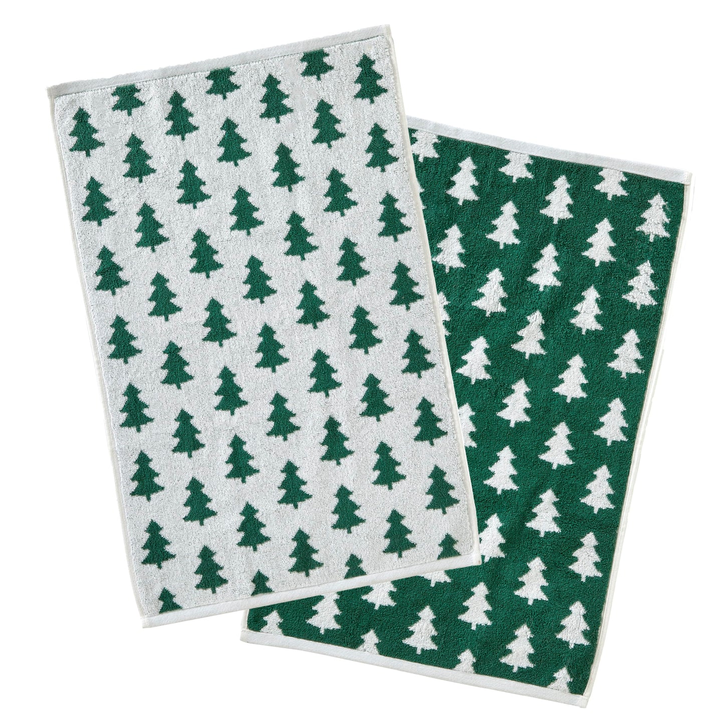 SKL Home Christmas/Winter Holiday Trees 100% Cotton Premium 2-Piece Hand Towel Set, 500 GSM, Reversible Jacquard, Soft & Absorbent, Decorative for Bath/Kitchen/Bar & Gift, Green/White