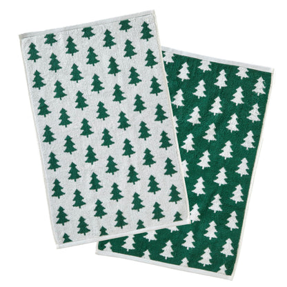 SKL Home Christmas/Winter Holiday Trees 100% Cotton Premium 2-Piece Hand Towel Set, 500 GSM, Reversible Jacquard, Soft & Absorbent, Decorative for Bath/Kitchen/Bar & Gift, Green/White