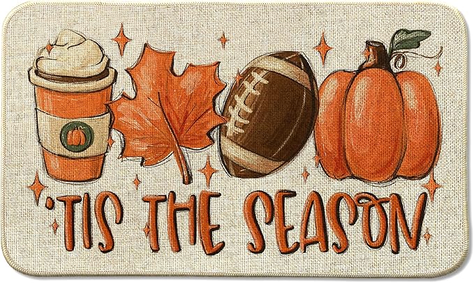Fall Football Pumpkin Front Door Mat Indoor Outdoor Entrance, Tis The Season Autumn Maple Leaves Washable Non-Slip Rubber Doormat, Inside Outside Entrance Sports Game Day Welcome Floor Mat, 17x29