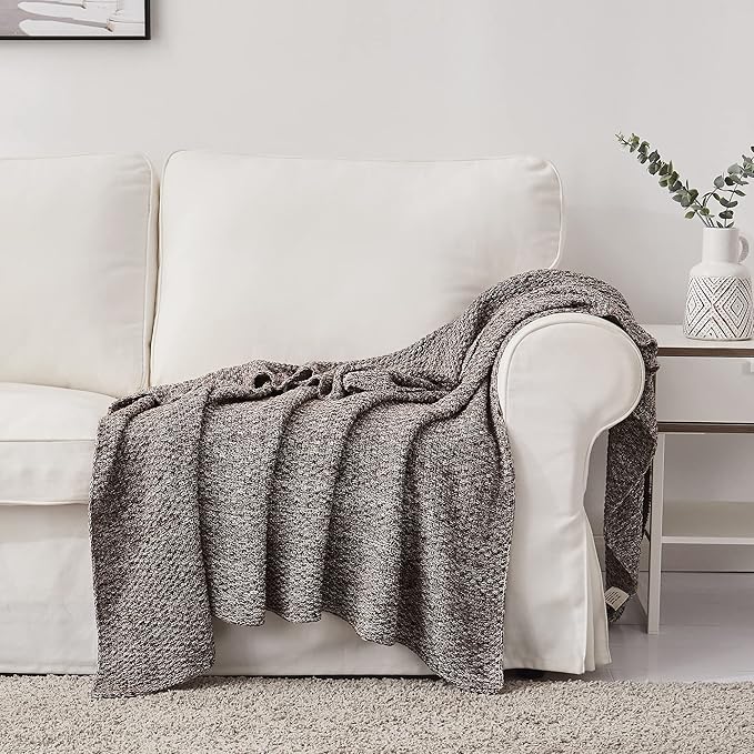 Longhui bedding Coffee Knitted Throw Blanket for Couch, Soft, Cozy Machine Washable 100% Cotton Sofa Knit Blankets, Heavy 3.0lb Weight, 51 x 63 Inches, Coffee and White Color.