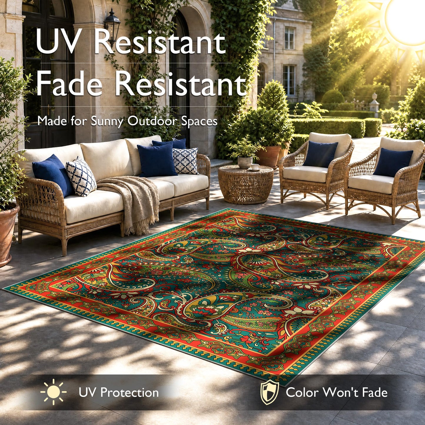 Arenarug Paisley Outdoor Rug Waterproof 5x8, UV Resistant Non Slip Patio Rug, Indoor Outdoor Boho Camping Rug Linen-Look RV Carpet for Deck Balcony Backyard, Terracotta