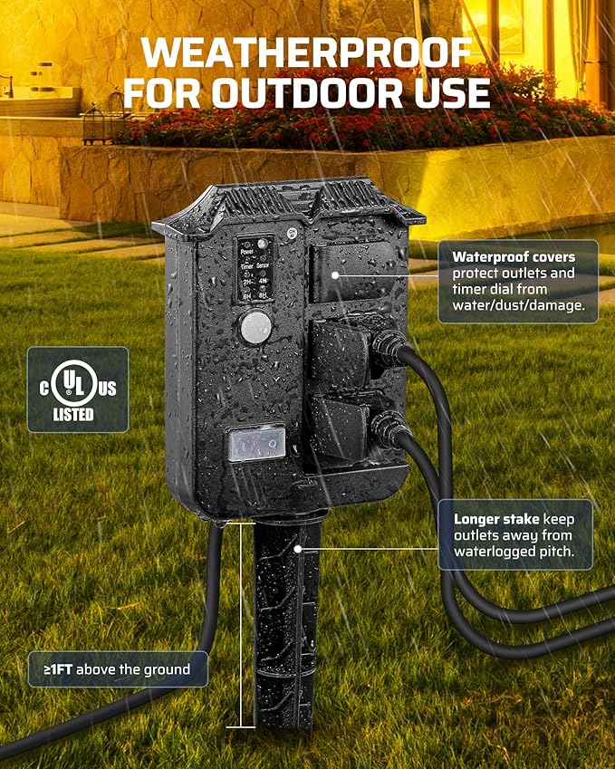DEWENWILS Outdoor Power Stake Timer Waterproof, 6 Grounded Outlets, 6FT Extension Cord, 100FT Wireless Remote Control, Photocell Dusk to Dawn Timer for Christmas Lights, Garden, UL Listed