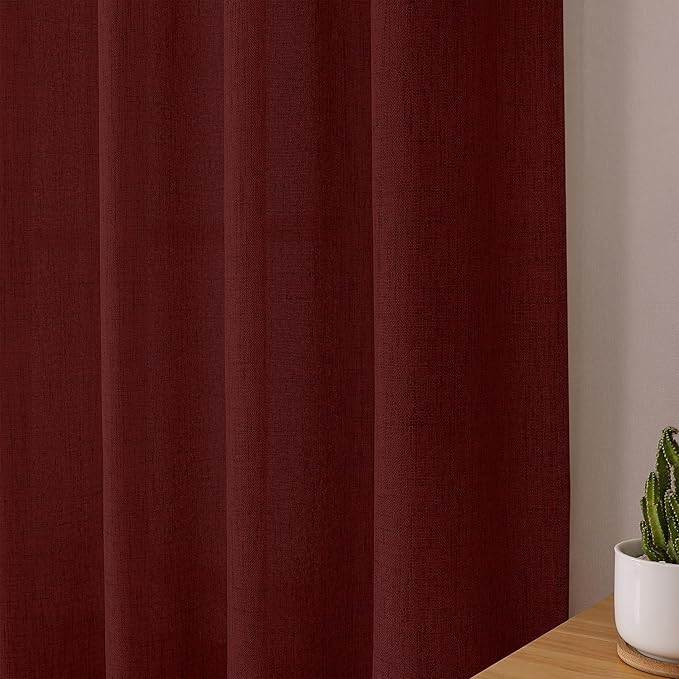 Tollpiz Linen Curtain Bedroom Rod Pocket Semi Sheer Curtains Burlap Light Filtering Thick Linen Drape for Living Room, 54 x 63 inches Long, Burgundy Red, Set of 2 Panels