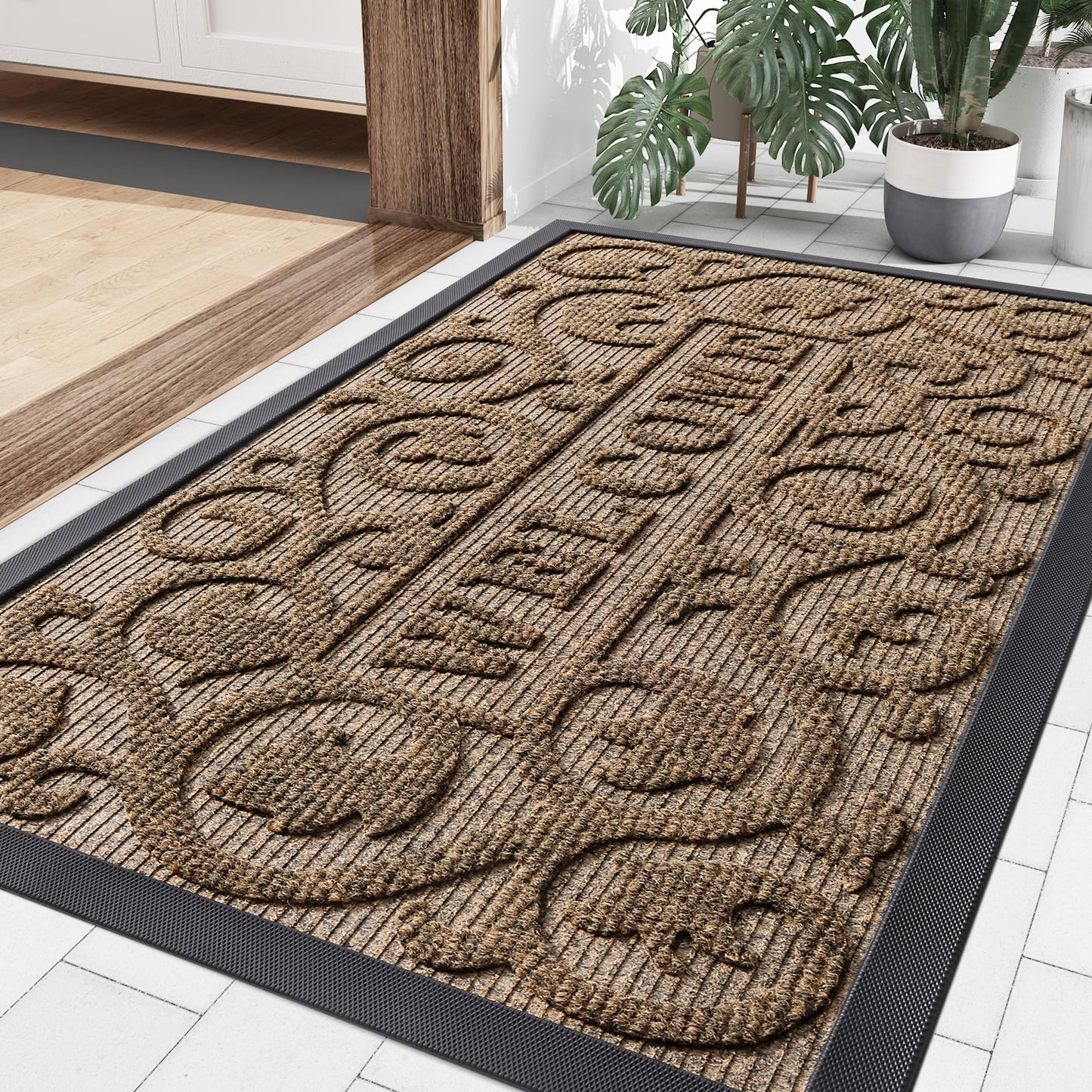 Smiry Welcome Door Mat Outside Entrance, Heavy Duty Trap Dirt and Moisture Easy Clean Low Profile Patio Porch Indoor Outdoor Front Doormat for Entry, 35x23 Inch, Brown