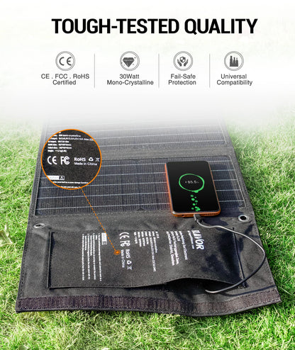BLAVOR 30W Solar Charger USB-A QC3.0 24W USB-C DC 30W Outputs, Foldable Solar Panel for Camping, IPX4 Waterproof, Solar Battery Charger Compatible with Solar Generators, Phones, Tablets