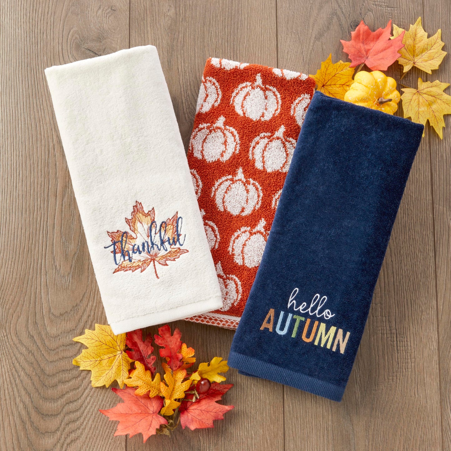SKL Home Fall/Harvest Hello Autumn 100% Cotton Embroidered 2pc Hand Towel Set, Decorative for Bath/Kitchen/Bar & Gift, Navy