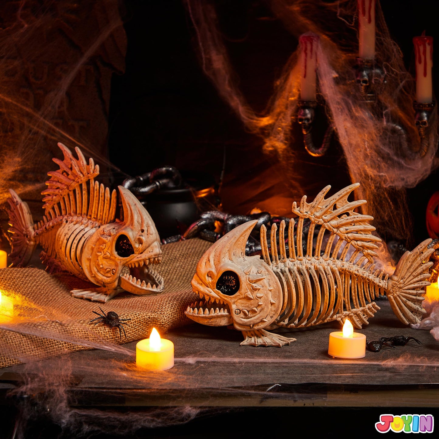 JOYIN 2 PCS 9.5 Halloween Posable Fish Skeleton Decor, Animal Plastic Bones with Posable Joints for Indoor Outdoor Halloween Decorations Party Props, Yard Patio Lawn Garden Props Decor