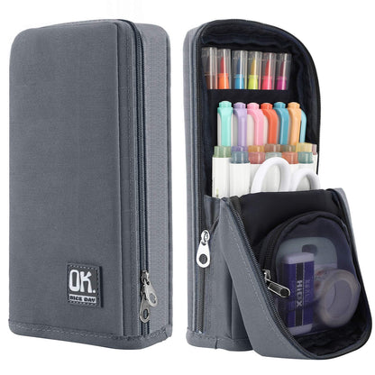 Housolution Standing Pencil Case Large Capacity Pen Bag, Multi-Layer Pen Pouch Pencil Holder Stationery Organizer, Polyester Pencil Bag Storage Box Desk Organizer, Gray