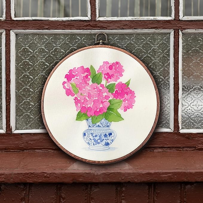 Threegoat Chinoiserie Spring Floral Framed Round Wall Art,Blue and White Hydrangea Flowers Wall Art Decor for Bedroom,Vintage Wall Hanging Decor for Grand Millenial Grandmillennial Home - A07