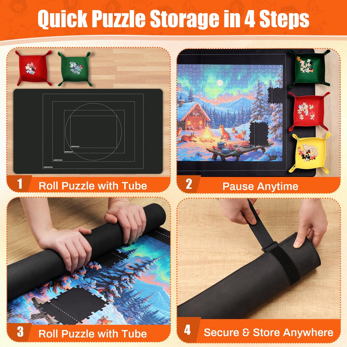 Bofoho Jigsaw Puzzle Mat Roll Up 46" x 26" for 1000 1500 Pieces, Portable Saver Pad with Non-Slip Rubber Bottom & Smooth Top, 6 Sorting Trays, Storage Bag, 50 Puzzle Saver Sheets & Scraper Tool