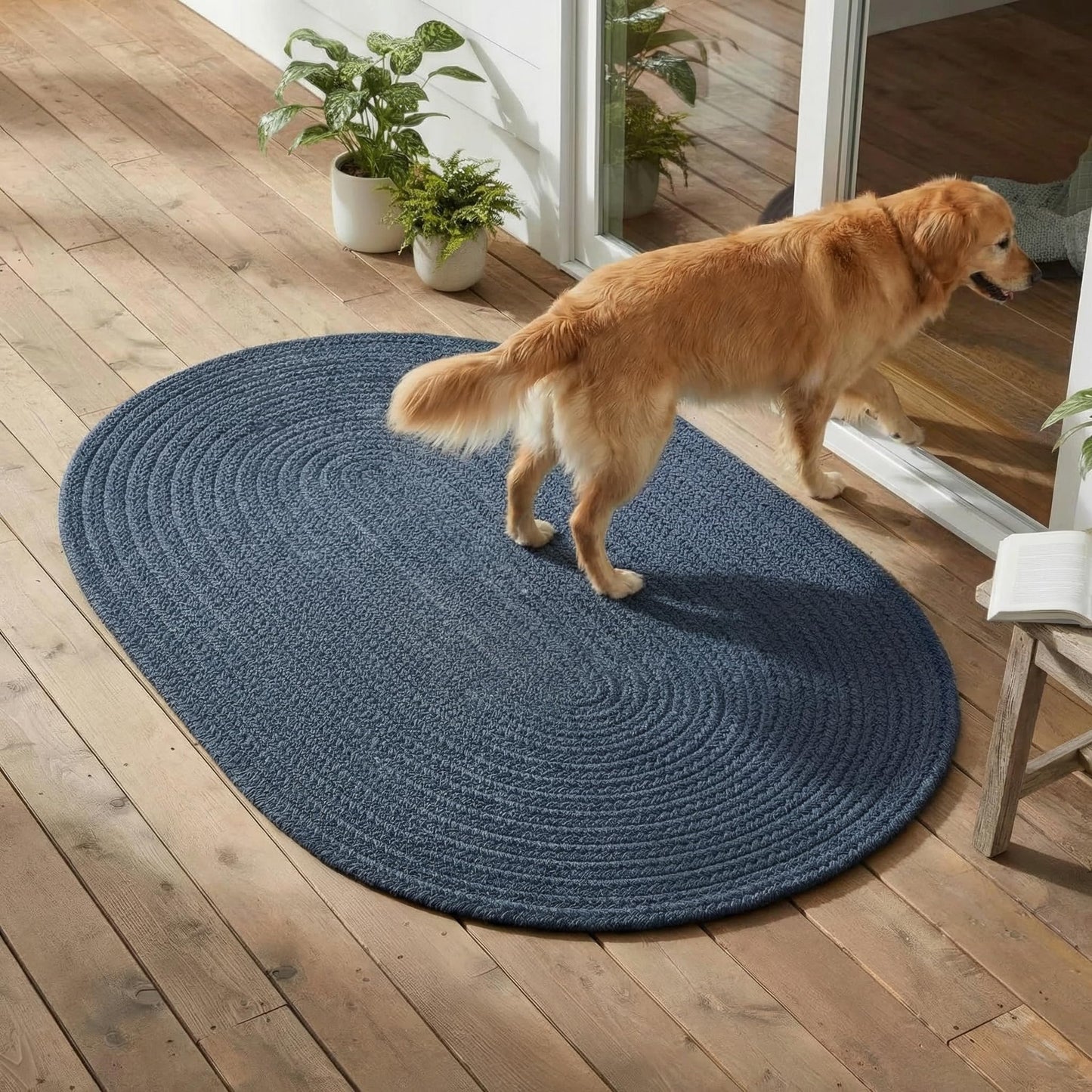 Kitchen Braided Rug - Navy Blue Braided Rugs for Entryway - Reversible Indoor/Outdoor Primitive Rug - Easy Clean Bathroom Mat - Oval 2' X 3'