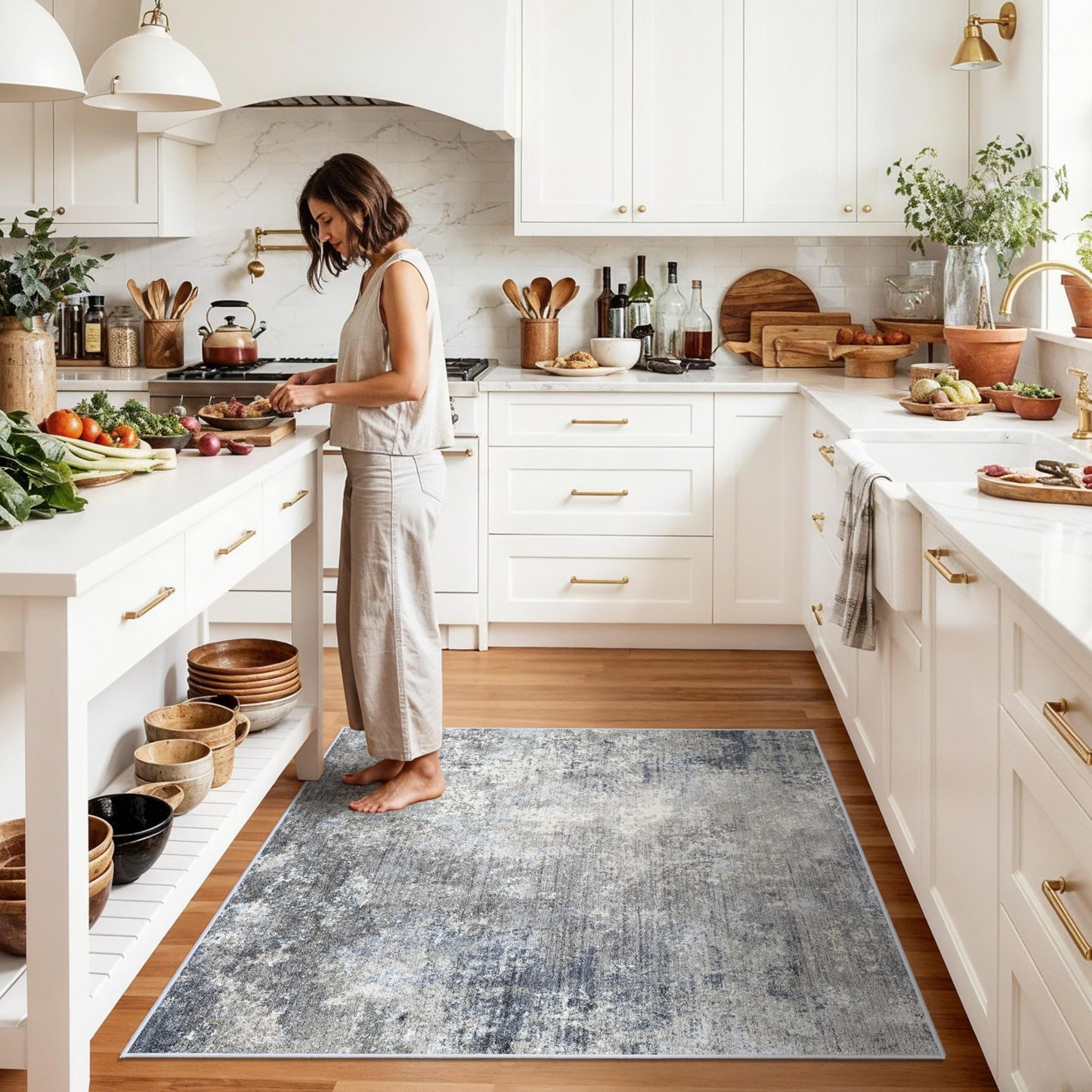 5x5 Rug Square for Living Room – Machine Washable Non-Slip Area Rug for Kitchen Entryway Bathroom – Modern Neutral Abstract Soft 5ft Indoor Carpet (Blue Grey, 5x5)