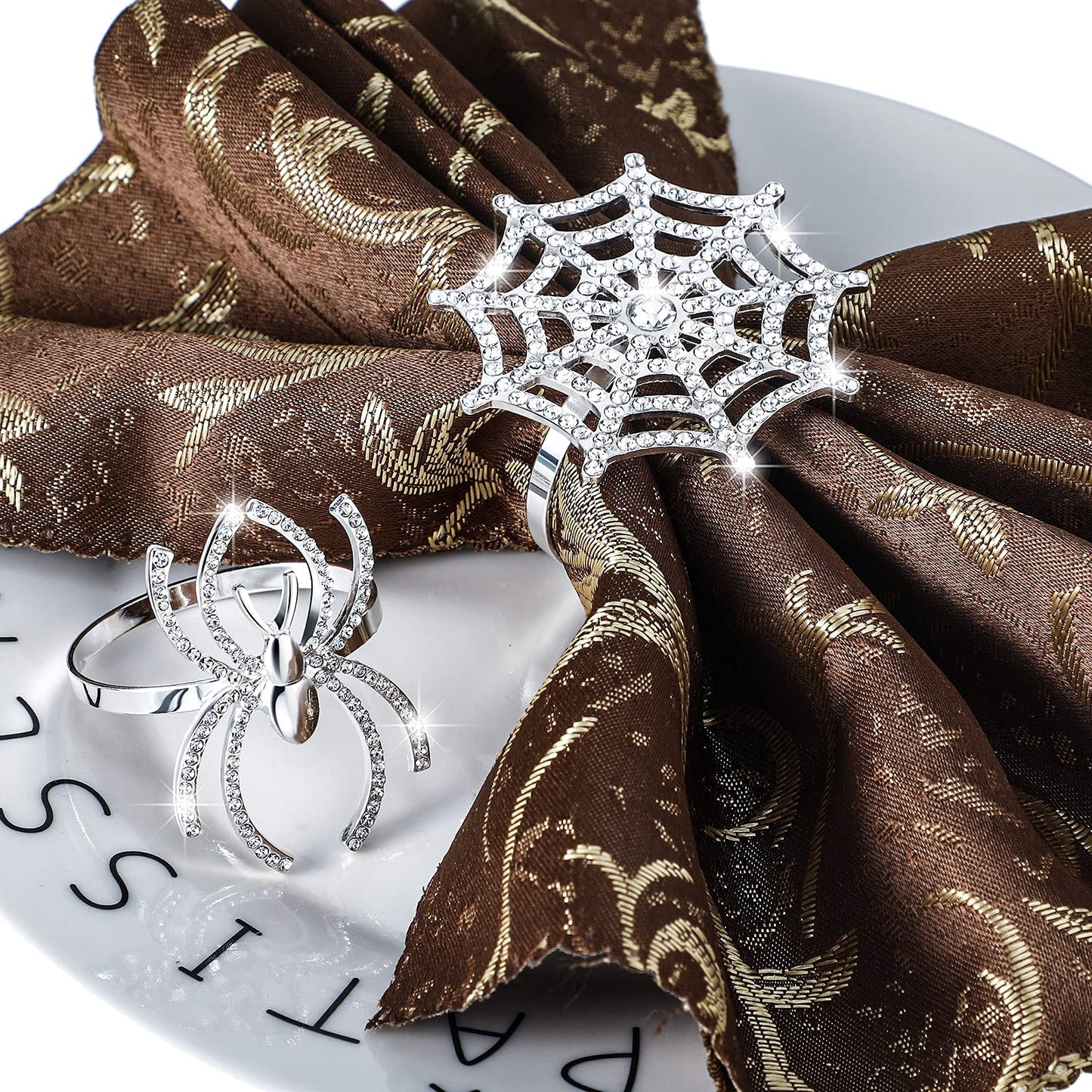 12 Pieces Spider Napkin Rings Halloween Napkin Ring Spider Web Napkins Rings Set Metal Spooky Napkins Holder Serviette Buckle Party Supplies for Halloween Dinning Costume(Silver,with Rhinestone)
