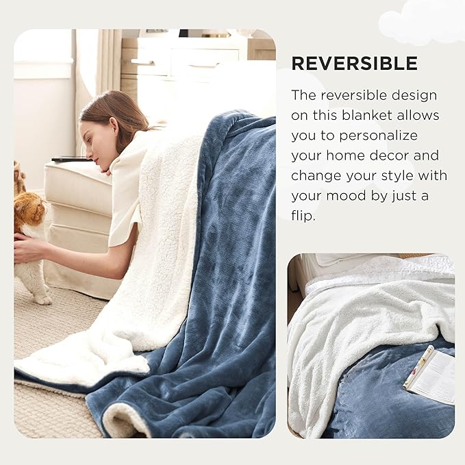 Bedsure GentleSoft Sherpa Fleece Oversized Cal King Blankets for Bed - Thick and Warm Throw for Men, Soft Fuzzy Plush Large Blanket for Winter, Slate Blue, 112x98 Inches