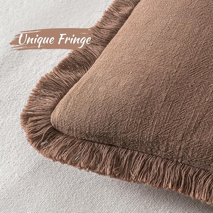MIULEE Decorative Throw Pillow Covers Neutral Linen Fringe Throw Pillows Euro Shams Set of 2 Dark Coffee Boho Farmhouse Cushion Covers for Couch Sofa Bed Living Room Spring Home Decor 24x24 Inch