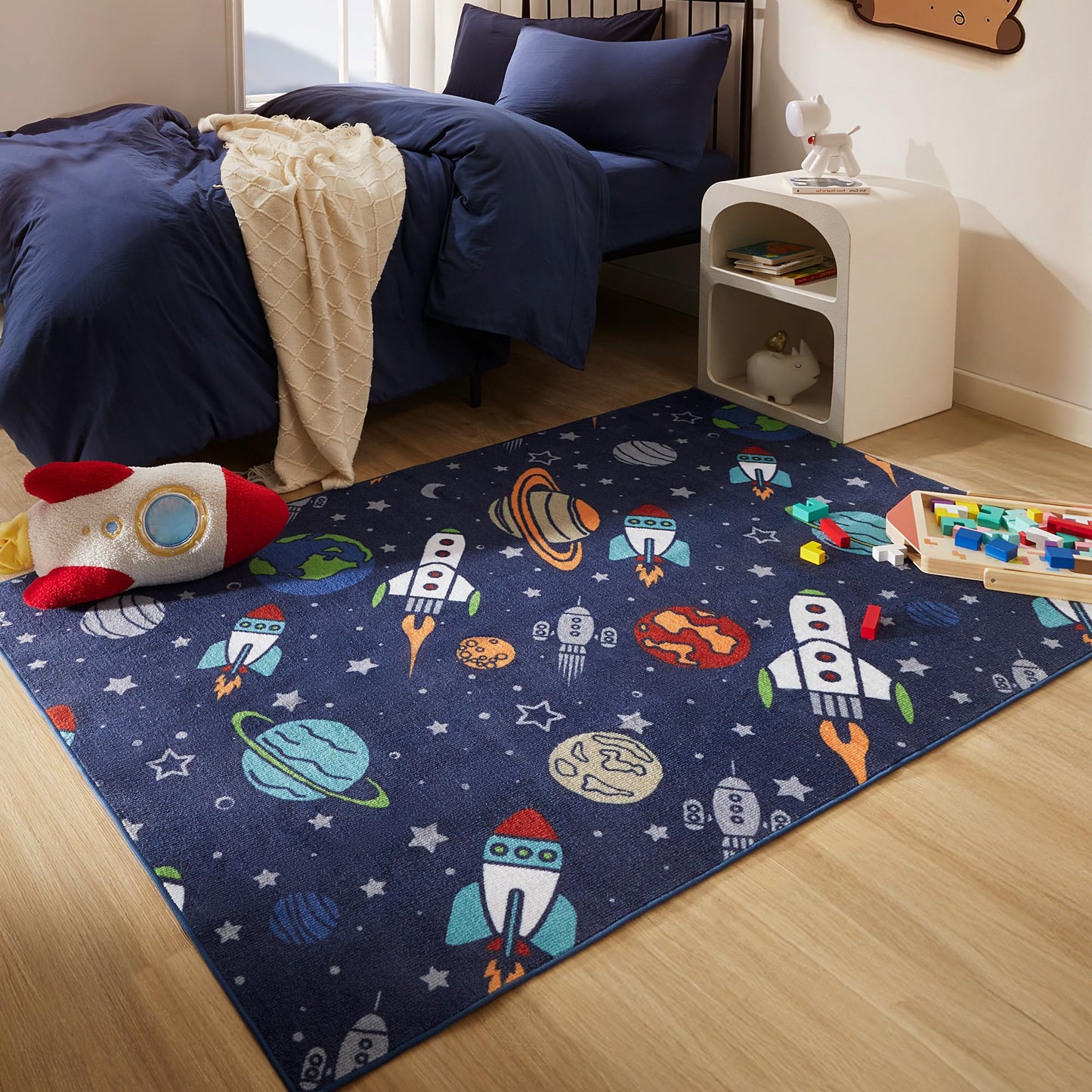 SLEEP ZONE Kids Rugs for Playroom, Area Rugs for Boys Bedroom, Washable Nursery Carpet, Non Slip Rug Play Mat, Space Rocket Planet, 4X6 Feet