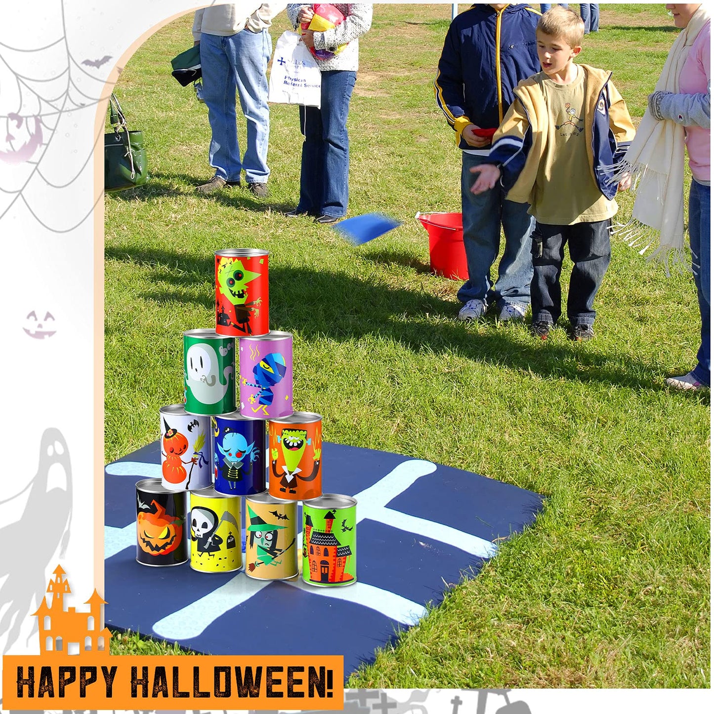 14 Pcs Halloween Party Games for Kids Adults Halloween Carnival Bean Bag Toss Games Metal Cans with 3 Bean Bags in Gift Box Boo Basket Stuffers Gifts for Holiday Trick or Treat Party Supplies