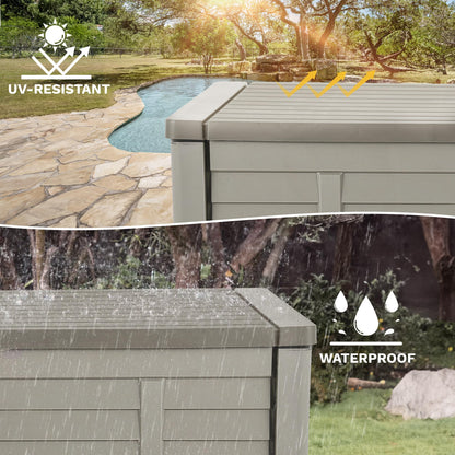 DWVO 120 Gallon Outdoor Storage Box, Large Resin Deck Box with Louver Design, Lockable Patio Storage Bin for Indoor and Outdoor Use, Pillows, Tools, and Pool Supplies -Light Brown