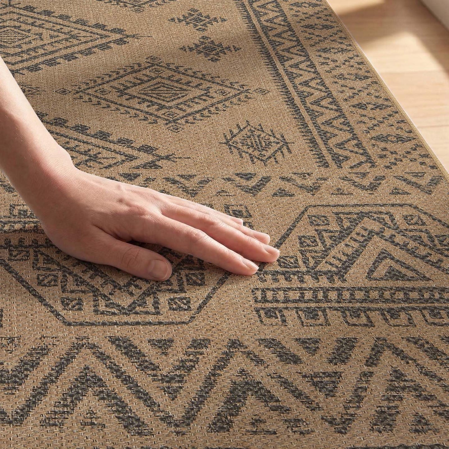 jinchan 5x7 Washable Faux Jute Area Rug, Boho Southwestern Geometric Natural Fiber Look Outdoor Rug, Low-Pile Non-Slip Floor Mat for Living Room Dining Room Bedroom Patio, Natural Charcoal