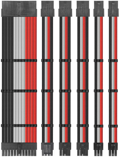 upHere Sleeve Extension Power Supply Cable Kit, Power Supply with Extra-Sleeved 24-PIN 8-PIN 6-PIN 4+4 PIN-Red/White/Black with Cable Combs(11.8 inch/ 30CM)
