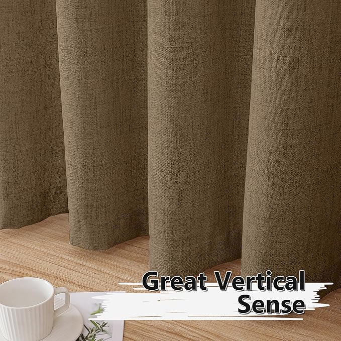 Tollpiz Short Linen Tier Curtains Rod Pocket Semi Sheer Half Kitchen Curtain Burlap Light Filtering Thick Linen Drapes for Bathroom, 30 x 24 inches Long, Brown, Set of 2 Panels