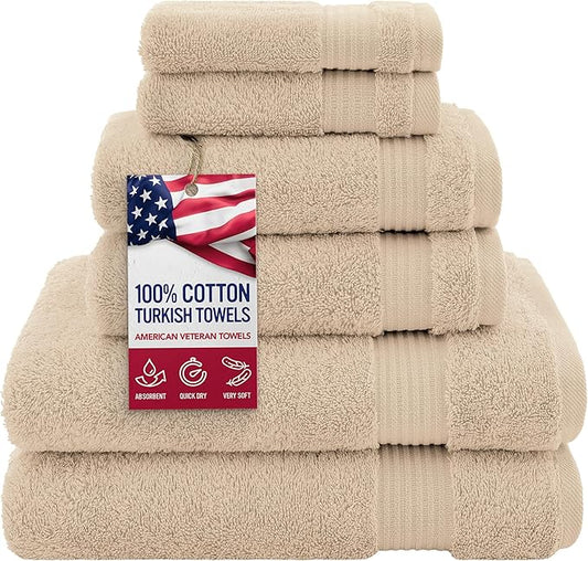 American Veteran 6 Piece Luxury Towel Set, 100% Cotton Turkish Towels