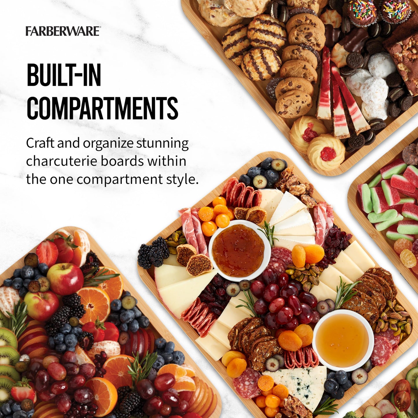 Farberware Build-A-Board Bamboo Cutting Board with Single Storage Compartment, Clear Locking Lid, Black Handles, Perfect for Charcuterie & Snacks