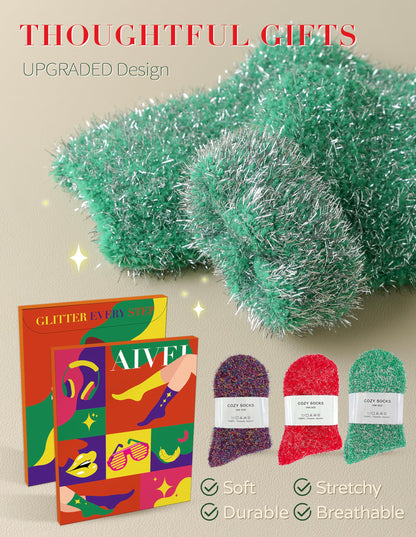 AIVEI Sparkly Fuzzy Socks for Women Men, Halloween Gifts Boo Spooky Basket Stuffers, Funny Cute Crazy Fluffy Plush Slipper Socks for Girls Boys 3 Pairs