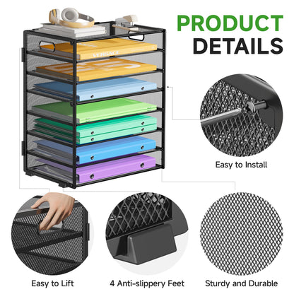 Biciyarn 8 Tier Paper Organizer with Handle, Metal Mesh Desk File Organizer, Large Capacity Desk Organizers Paper Letter Tray Desktop Document Sorter for Office, Home or School - Black