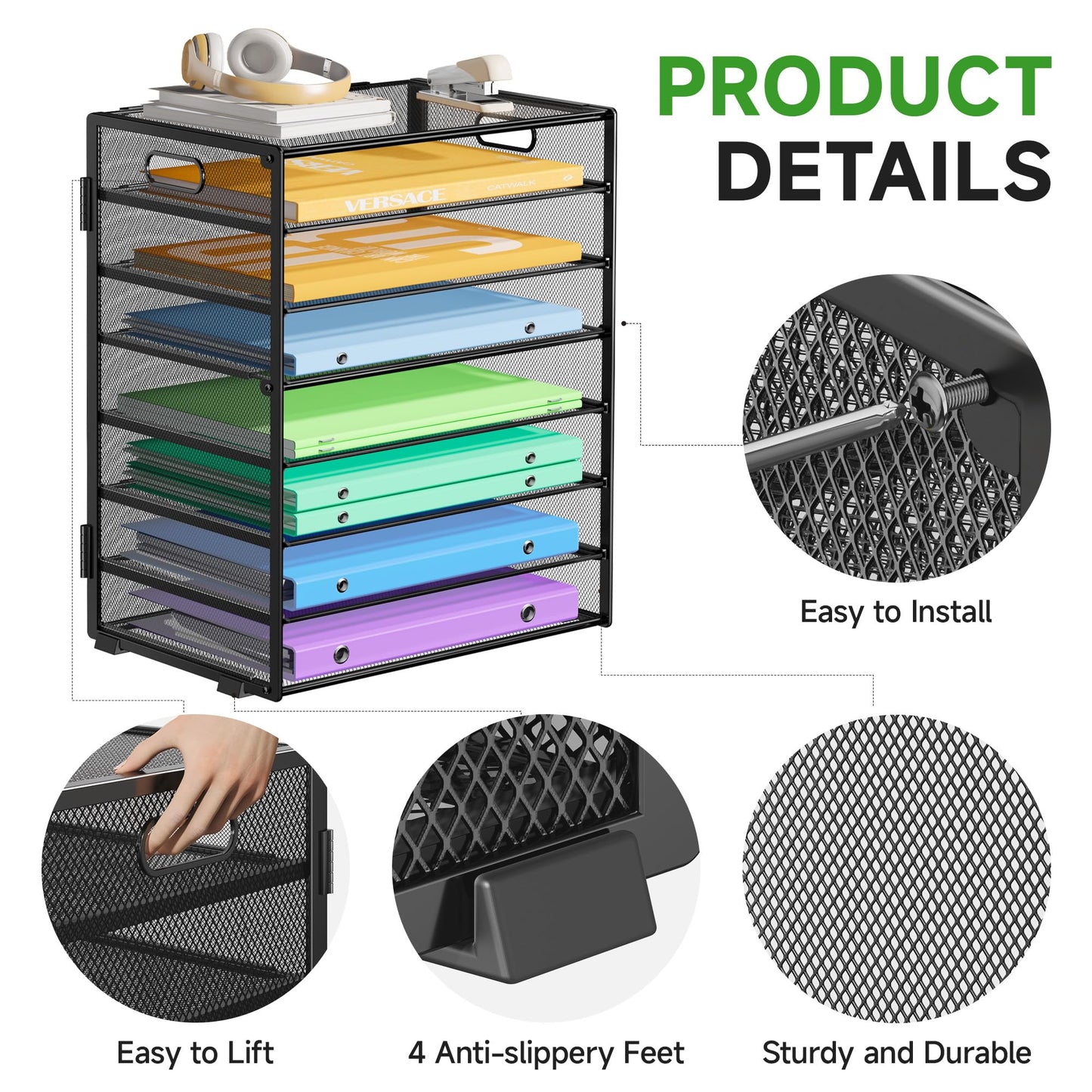 Biciyarn 8 Tier Paper Organizer with Handle, Metal Mesh Desk File Organizer, Large Capacity Desk Organizers Paper Letter Tray Desktop Document Sorter for Office, Home or School - Black