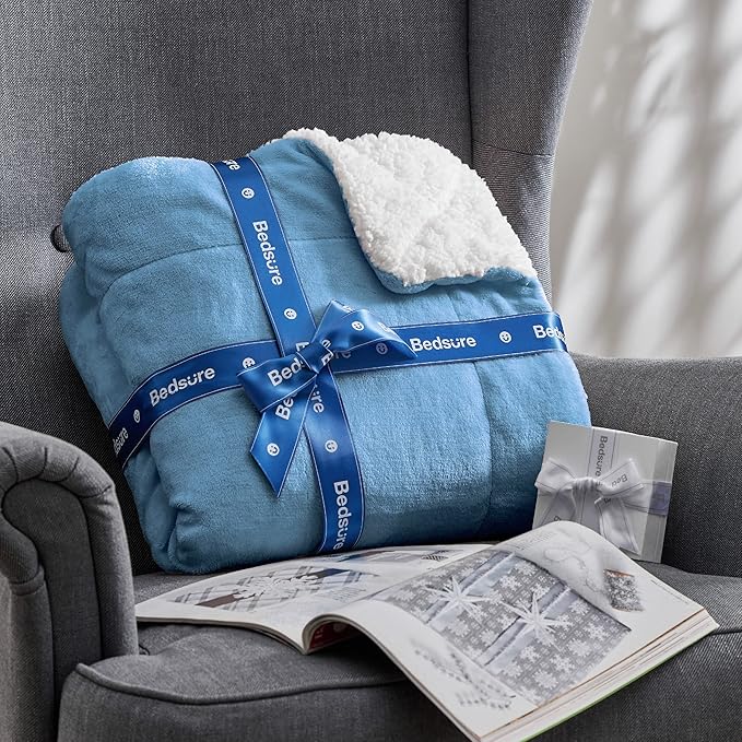 Bedsure GentleSoft Sherpa Fleece Throw Blanket for Couch - Thick and Warm Throw for Men, Soft Fuzzy Plush Blanket for Winter, Washed Blue, 50x60 Inches
