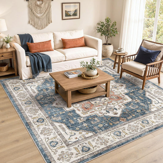 ZUNTKON 8x8 Square Area Rug: 8ft Washable Rugs for Living Room, Large Non Slip Vintage Soft Low Pile Farmhouse Oriental Retro Carpet for Bedroom Dining Room or Home Office - Blue