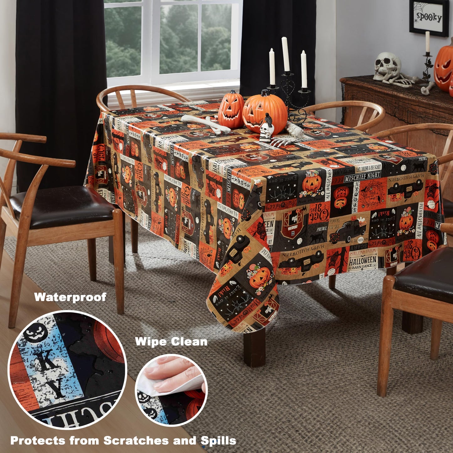 Newbridge Halloween Rustic Spooky Farm 60 x 84 Inch Rectangle Vinyl Tablecloth with Flannel Backing