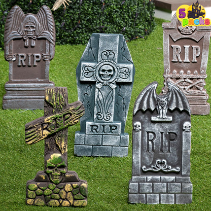 JOYIN 17” Halloween Foam RIP Graveyard Tombstones (5 Pack), Halloween Tombstones Outdoor Decorations for Graves Decorations with 12 Metal Stakes for Cemetery Yard Lawn Party Decor