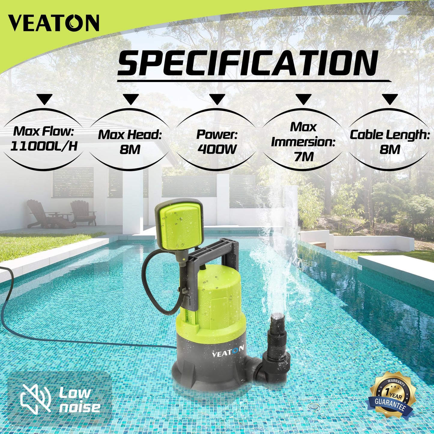 VEATON 400W Electric Submersible Water Pump for Clean Water, Max Flow 11000L/H Compact Utility Pump, Drain Water from Garden Pond Swimming Pool Hot Tub with Float Switch and Hose Connector