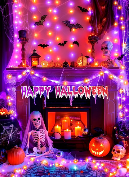 Brightown Halloween Lights Outdoor Battery Operated, 2 Pack Total 33FT 100 LED Battery Fairy Lights with Timer,8 Modes, Waterproof Halloween String Lights for Indoor Bedroom Decoration,Orange & Purple