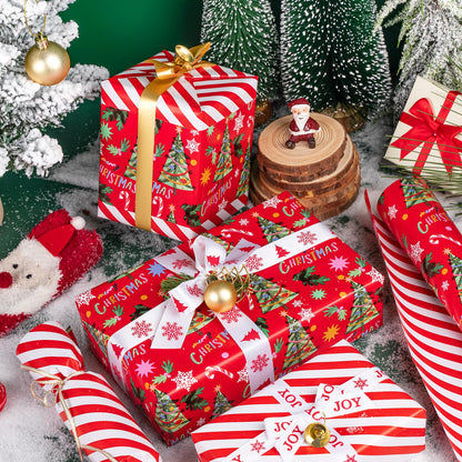 WRAPAHOLIC Reversible Christmas Wrapping Paper - Mini Roll - 17 Inch x 33 Feet - Red Christmas Tree Wrapping Paper and Stripe Design for Holiday, Party Celebration