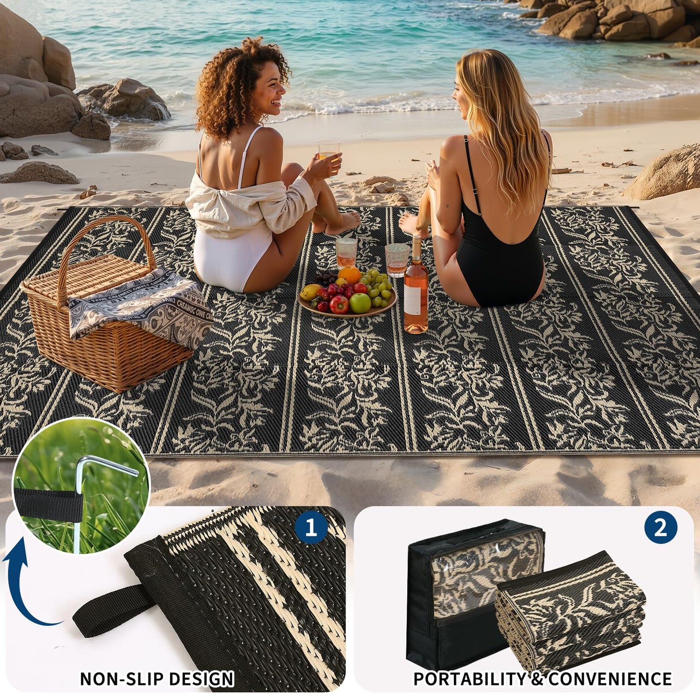 Garvee Outdoor Rugs 5x8 Waterproof Reversible Mat Boho Leaf Patio Rug with 4 Stakes and Starage Bag, Large Outdoor RV Mat Rugs for Camping, Picnic, Balcony, Deck, Backyard, Black & Brown