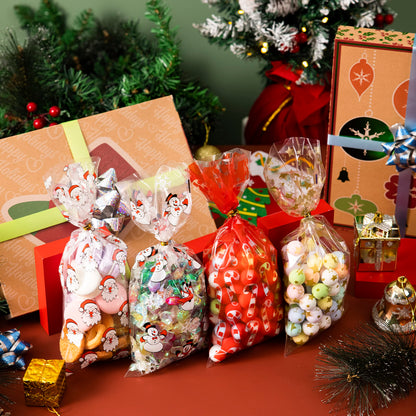 JOYIN 144 PCS Christmas Cellophane Bags with Ribbon for Holiday Treats, Christmas Clear Cello Gift Candy Cookie Bags for Party Favors, Festivals Presents, Party Supplies (11” X 5”)