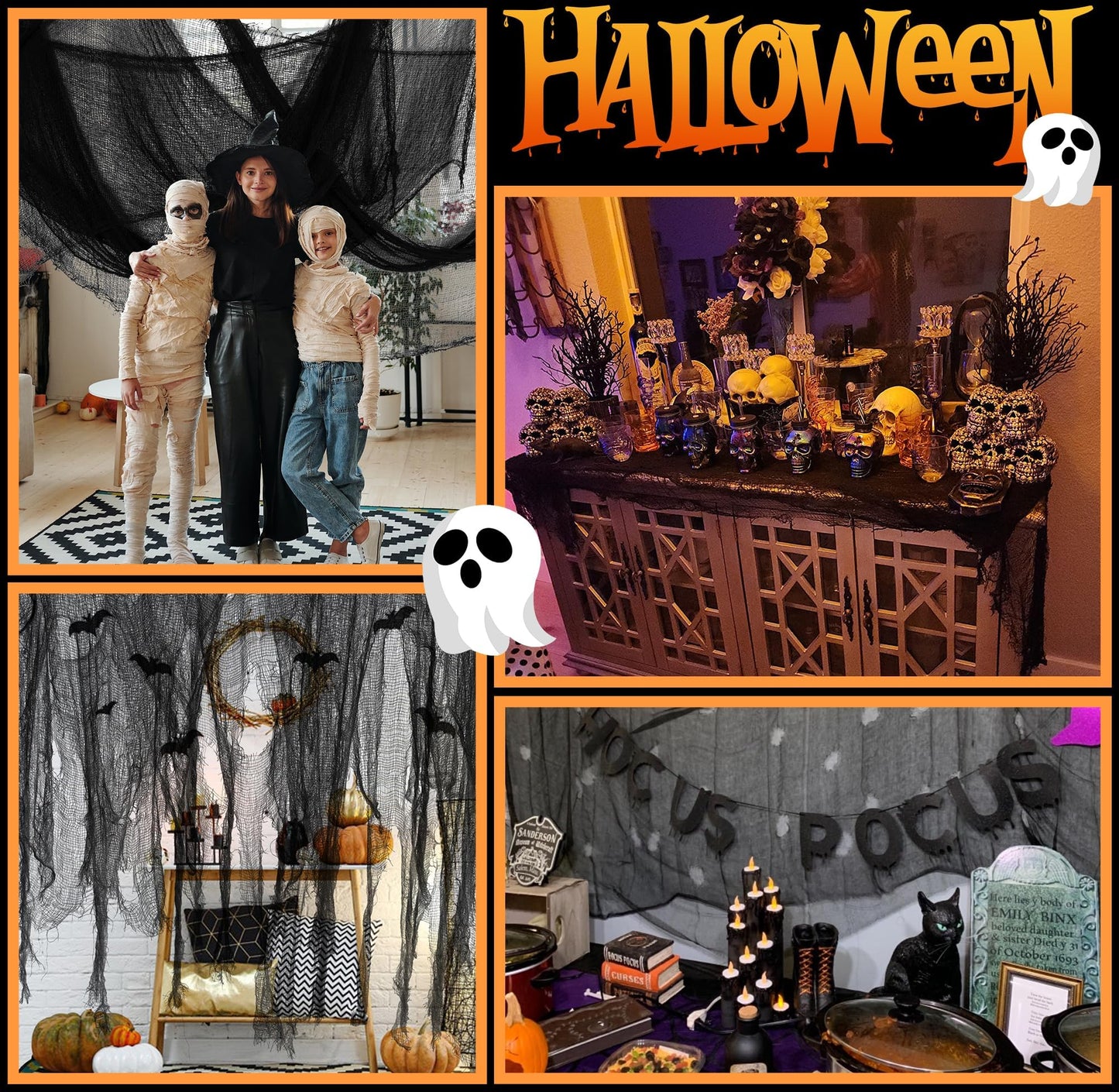 RunNico 500" x 85" Halloween Creepy Cloth - Black Halloween Spooky Fabric Cloth - Large Creepy Spooky Halloweens Decorations for Haunted House Window Backdrops Garden Party