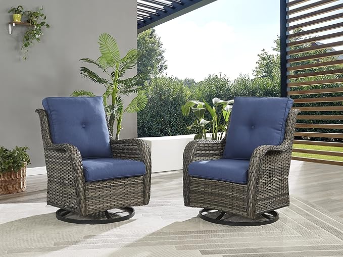 Rilyson Wicker Rocking Chair Swivel Chairs - 2 Piece Rocker Patio Chairs Set Rattan Rocking Chair for Outdoor Porch Deck Garden Backyard (Mixed Grey/Blue)