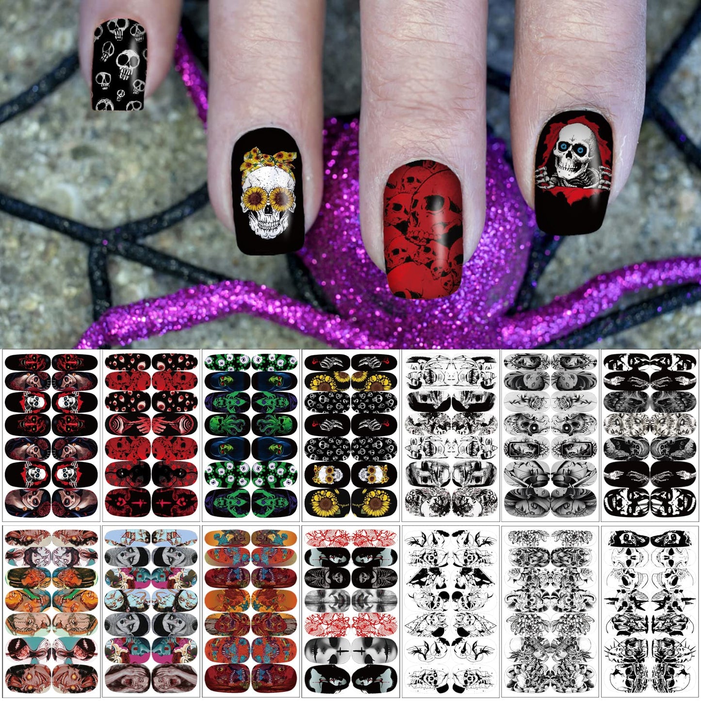 14 Sheets Halloween Nail Wraps Full Stickers Gothic Nail Polish Strips DIY Self-Adhesive Nail Art Decals Ghost Skull Demon Pattern with 2 Piece Nail Files for Party Decor (196 Pieces)
