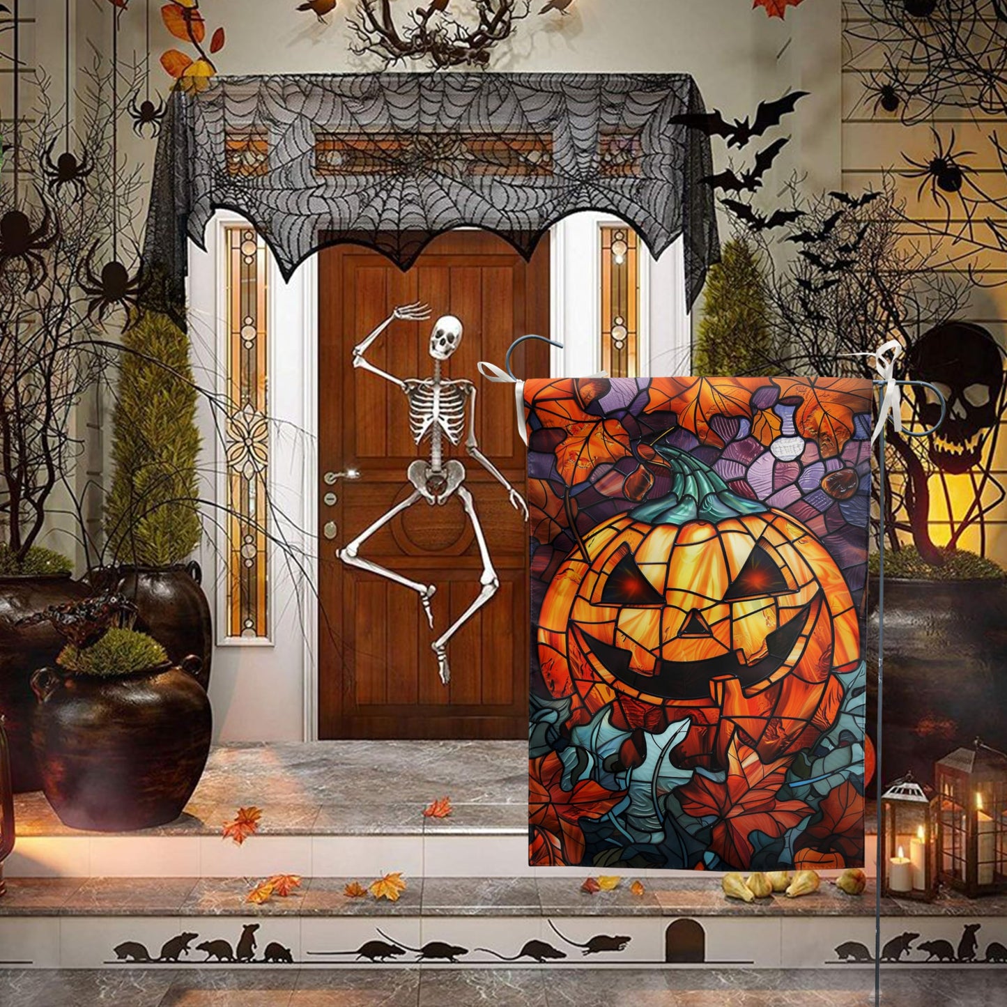 Spooky Pumpkin House Flag Scary Halloween Flags for Outside 28x40 Double Sided Large Stained Glass Fall Garden Flags Autumn Yard Flag for Outdoor Porch Lawn Farmhouse Thanksgiving Decor