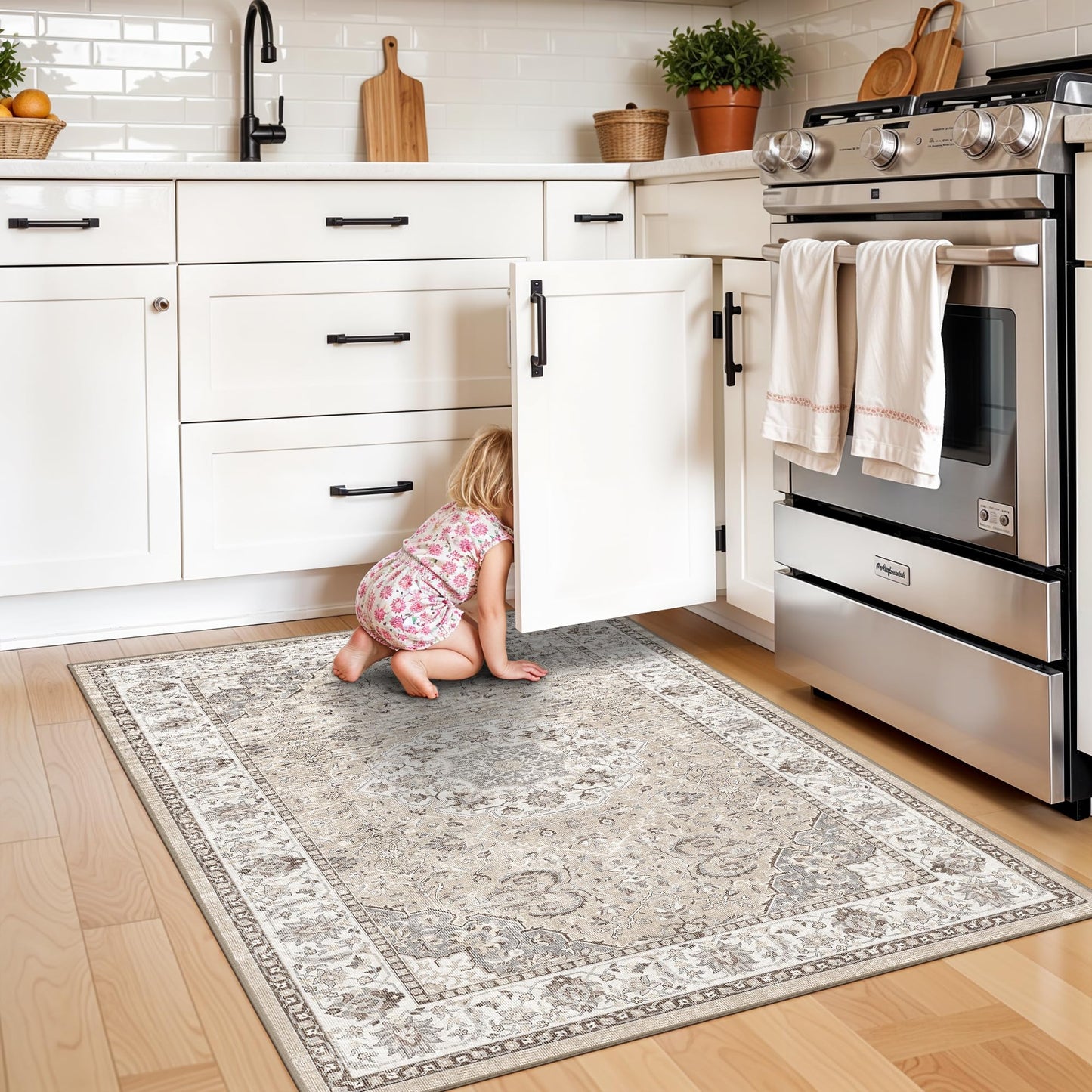 Washable Hallway 3x4 Floor Mats: Farmhouse Non-Slip Kitchen Sink Area Rug Water-Resistant Small Carpet for Living Room Bathroom Thin Soft Doormat Easy-Clean Decorative Rug for Pets Family(3x4,Beige)