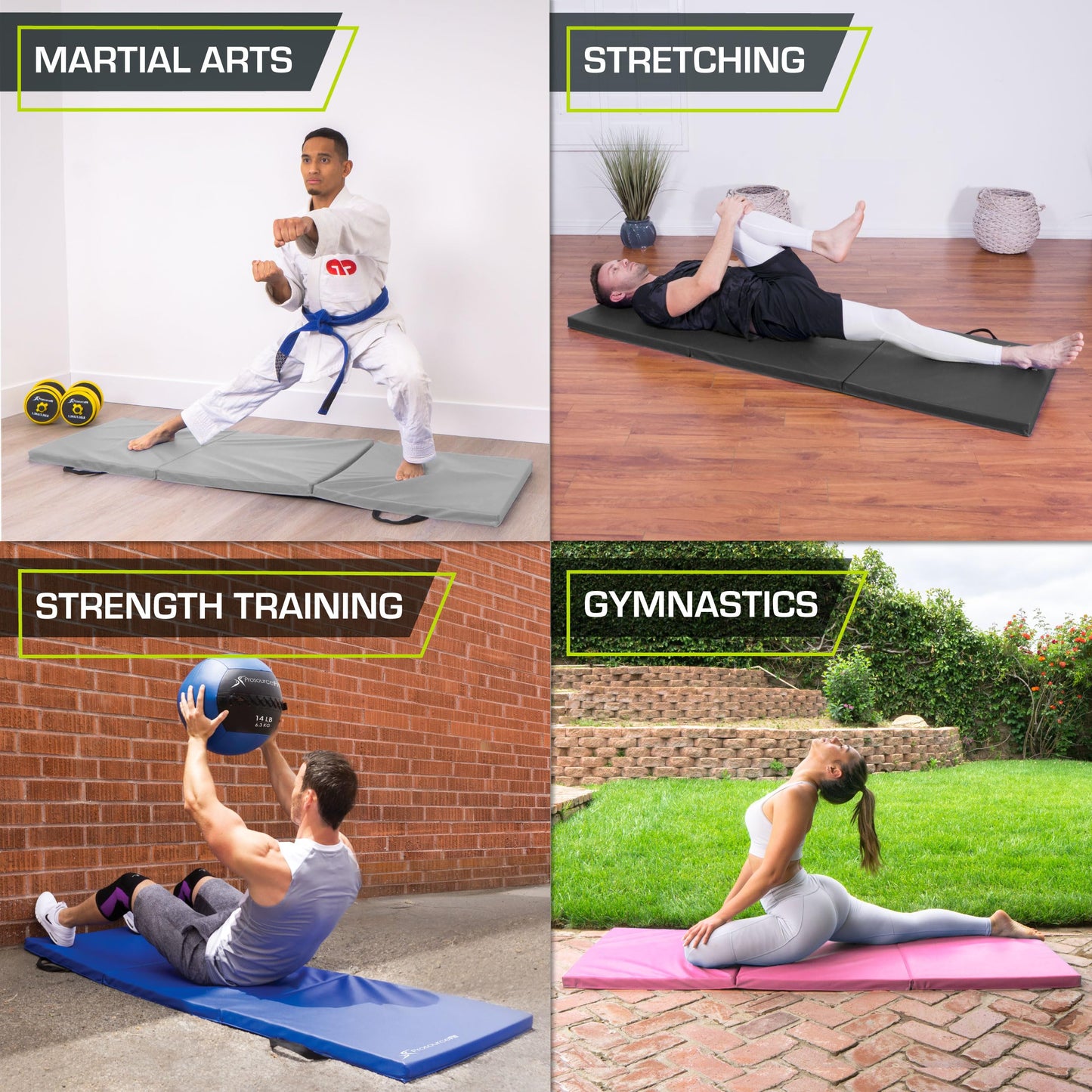 ProsourceFit Tri-Fold Folding Thick Exercise Mat 6’x2’ with Carrying Handles for MMA, Gymnastics Core Workouts