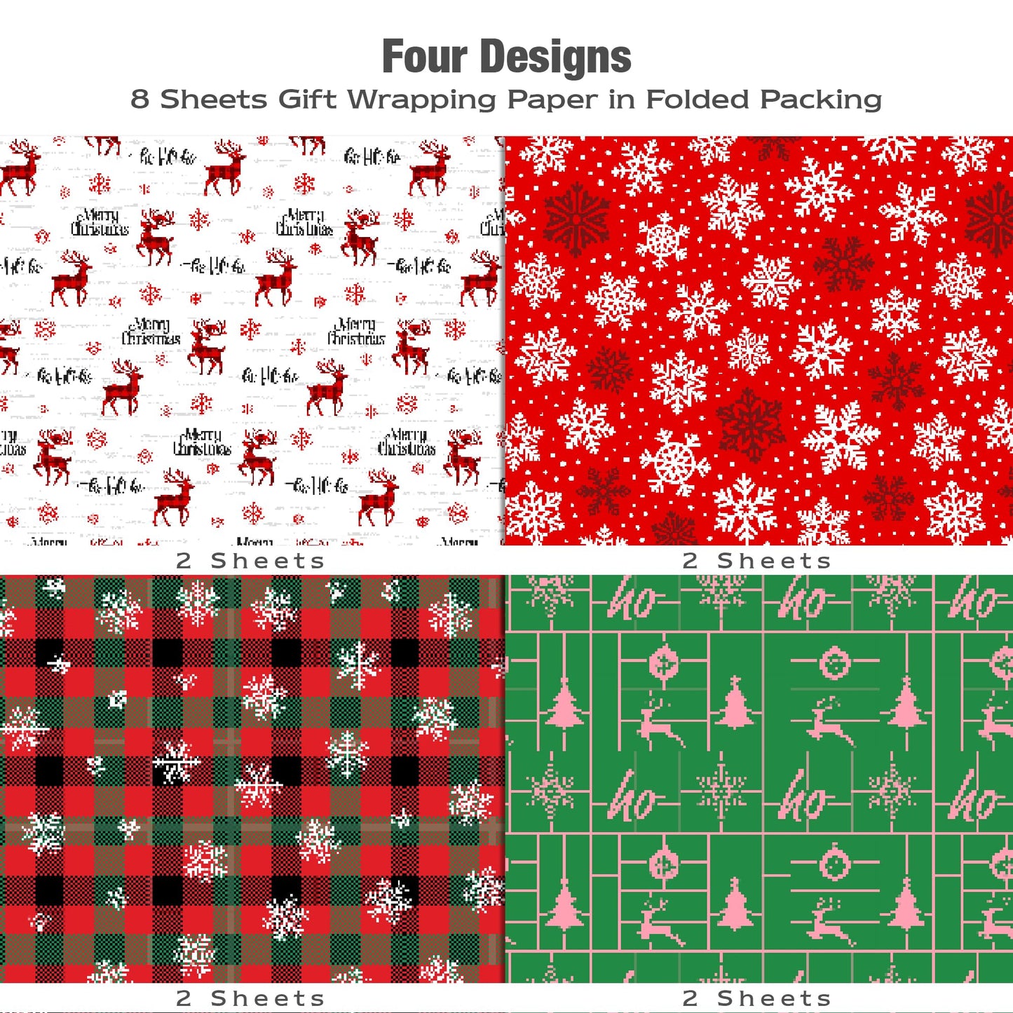 MotiGiftie Christmas Wrapping Paper for Kids Adults - Xmas Wrapping Paper with Red/Green Plaid, Reindeer, Snowflakes, “Ho Ho” Xmas Trees - 20 x 28 Inches, 8 Folded Sheets, Easy to Store